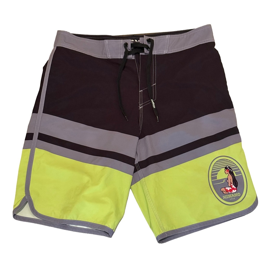 Hinano‎ Board Shorts Mens 32 Black Green Excellent Tahiti Vahine Swim Trunks